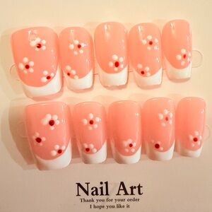 Pink Floral handmade press on Nail Art Set